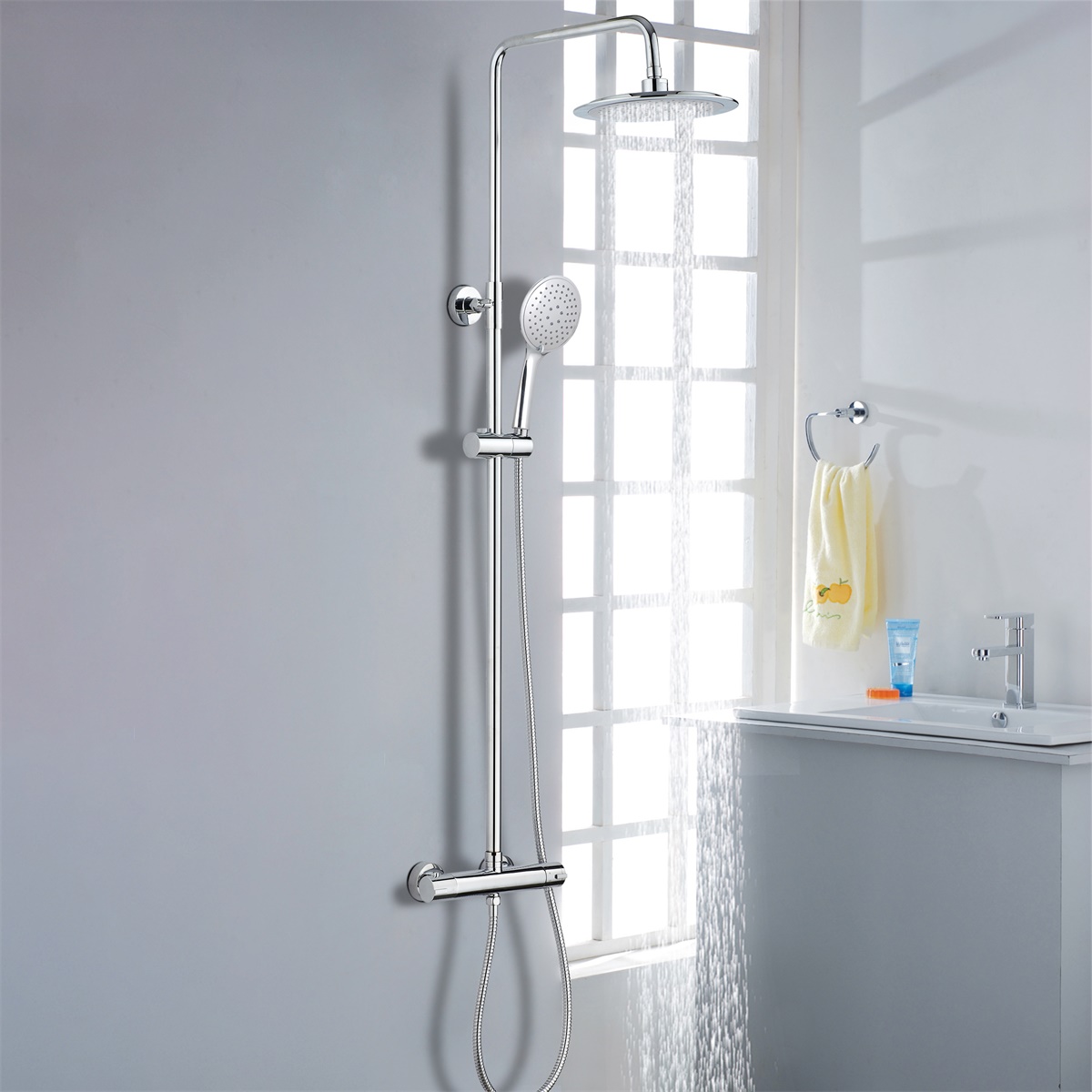 YS34131C	Shower column, rain shower column with thermostatic faucet, height adjustable;