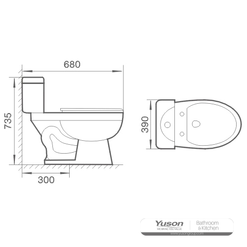 YS22207T	2-piece ceramic toilet, close coupled S-trap siphonic toilet;