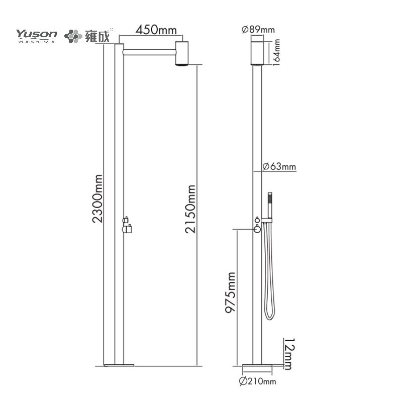 YS78670 2-Function 304 or 316l Outdoor Pool Shower Column For Poolside Resorts, Beachfront High Corrosion Area