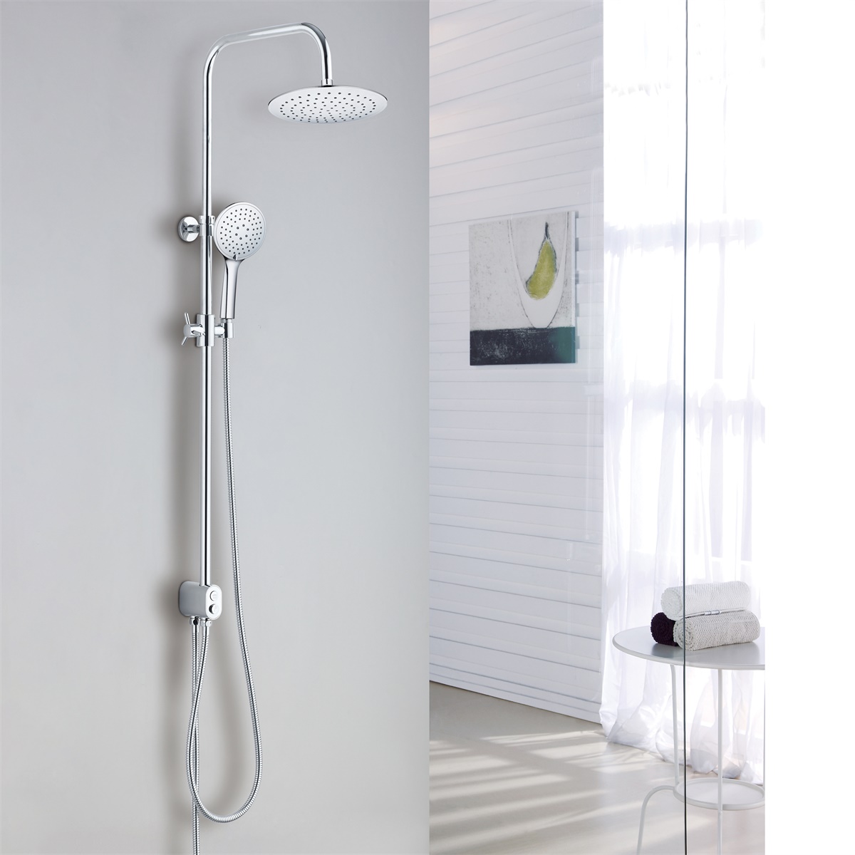 YS34110	Shower column, rain shower column with button switch diverter, height adjustable;