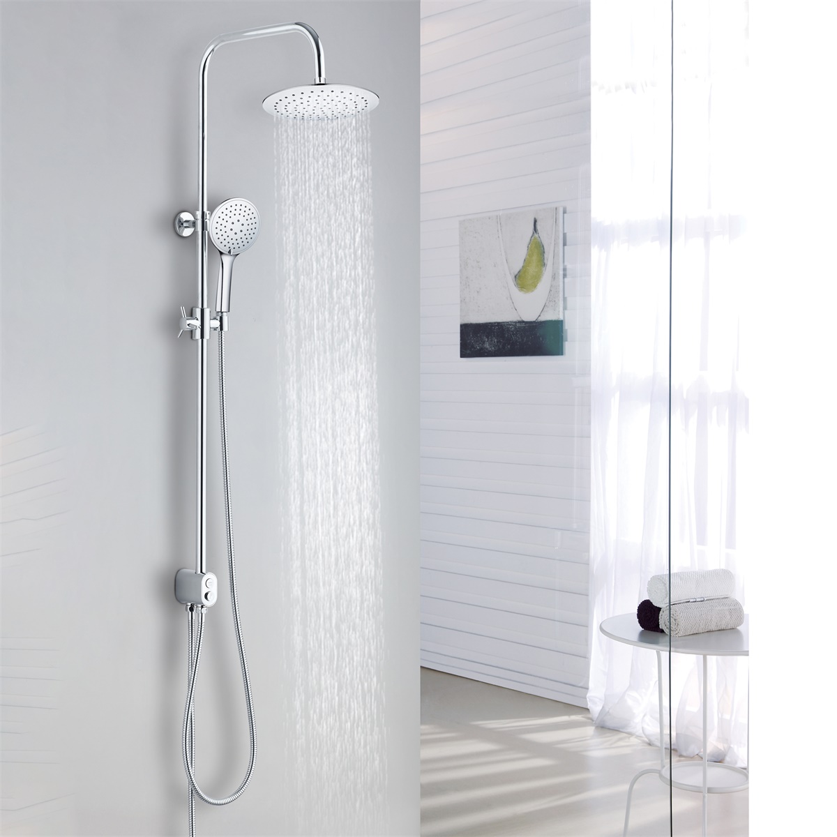 YS34110	Shower column, rain shower column with button switch diverter, height adjustable;