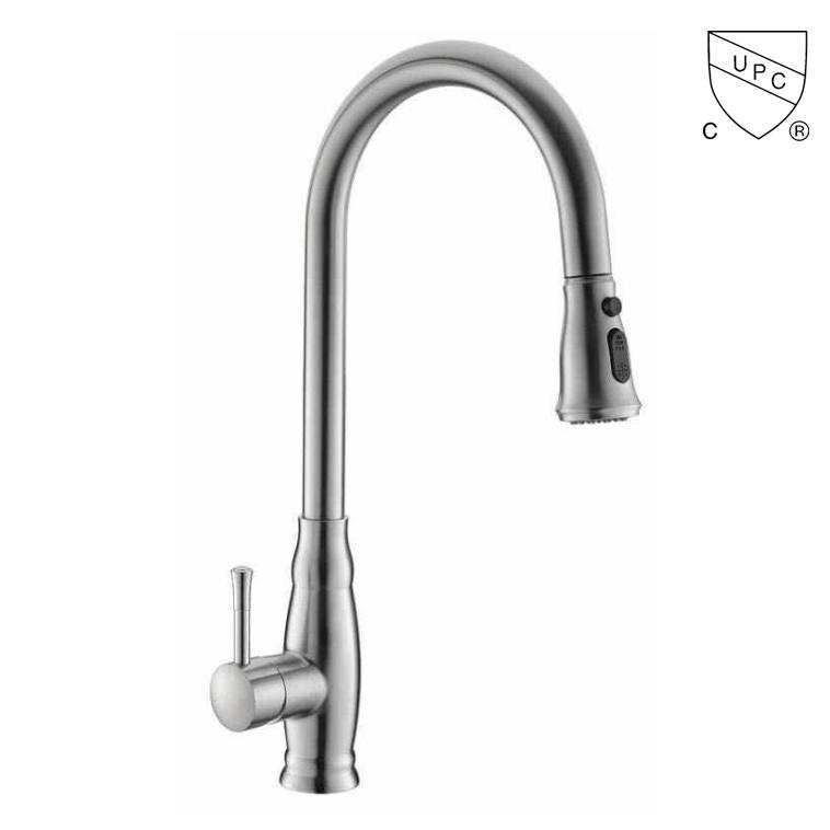 C0059	UPC, CUPC certified brass faucet 1-handle deck mount pull-out handle/lever kitchen faucet;