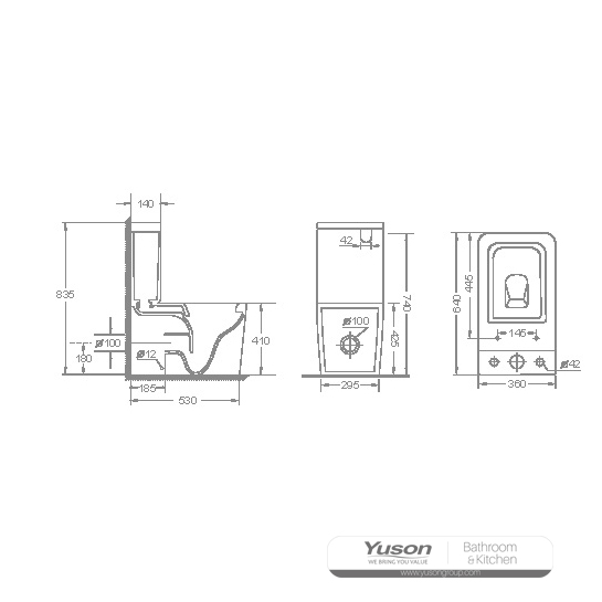 YS22251P	2-piece Rimless ceramic toilet, P-trap washdown toilet;