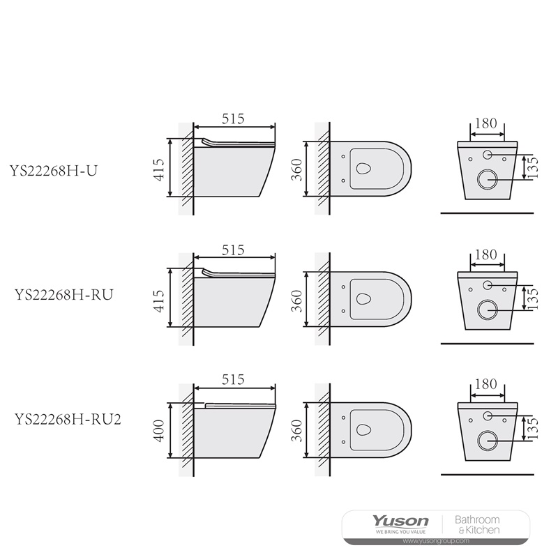 YS22268H	Wall-hung ceramic toilet, Rimless Wall-mounted toilet, washdown;
