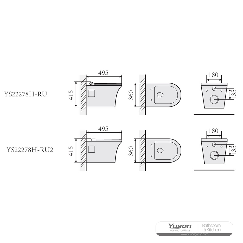 YS22278H	Wall-hung ceramic toilet, Rimless Wall-mounted toilet, washdown;