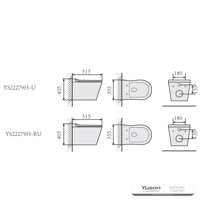 YS22279H	Wall-hung ceramic toilet, Rimless Wall-mounted toilet, washdown;