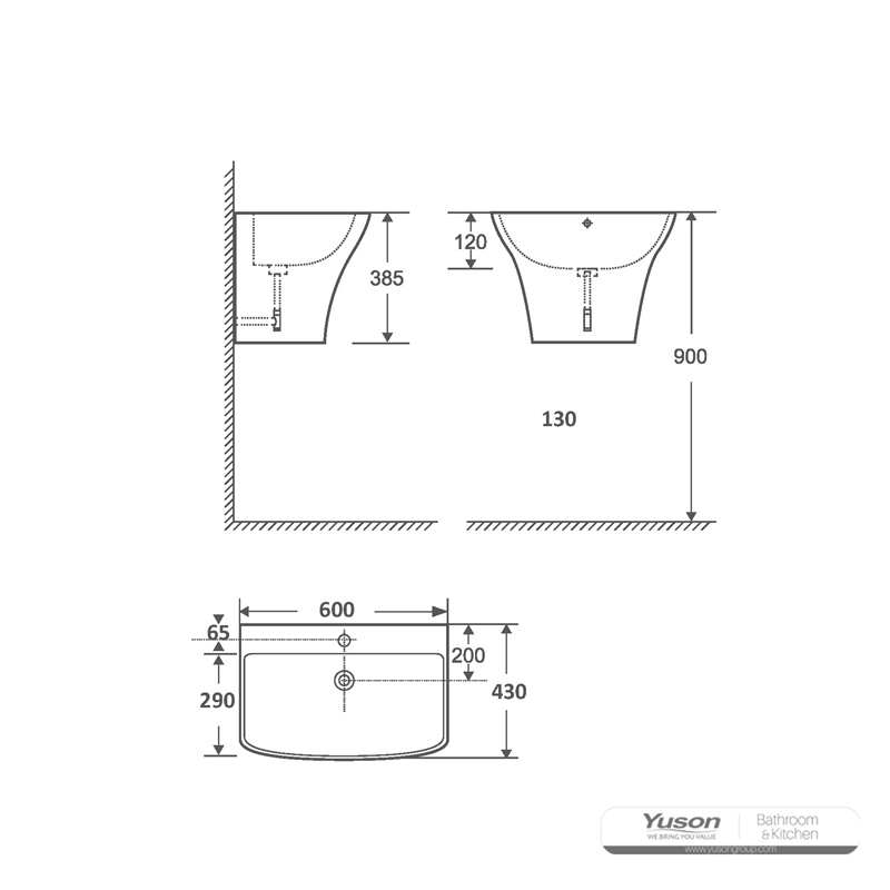 YS22291BH2	Ceramic wall mounted basin, one piece totem basin;