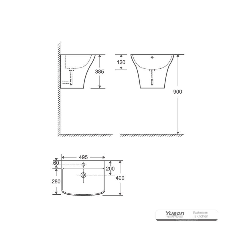 YS22291BH	Ceramic wall mounted basin, one piece totem basin;