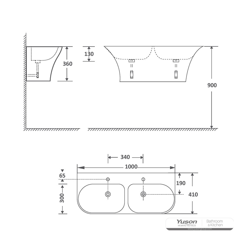 YS22291D	Ceramic wall mounted double basins, one piece totem basin;
