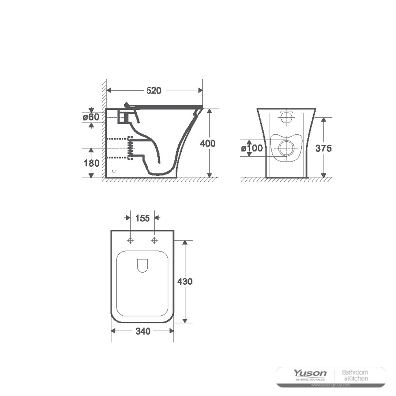 YS22291F	Single standing ceramic toilet, Rimless, P-trap washdown toilet;