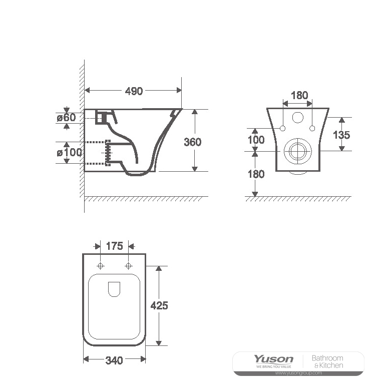 YS22291H	Wall-hung ceramic toilet, Rimless Wall-mounted toilet, washdown;