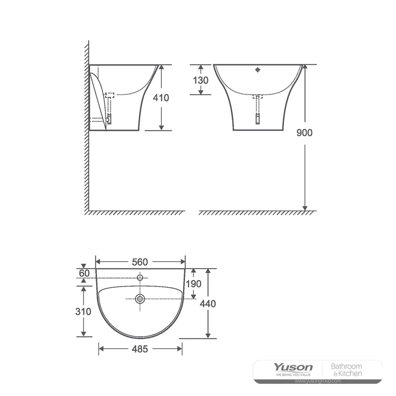 YS22294BH	Ceramic wall mounted basin, one piece totem basin;