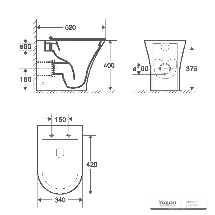 YS22294F	Single standing ceramic toilet, Rimless, P-trap washdown toilet;