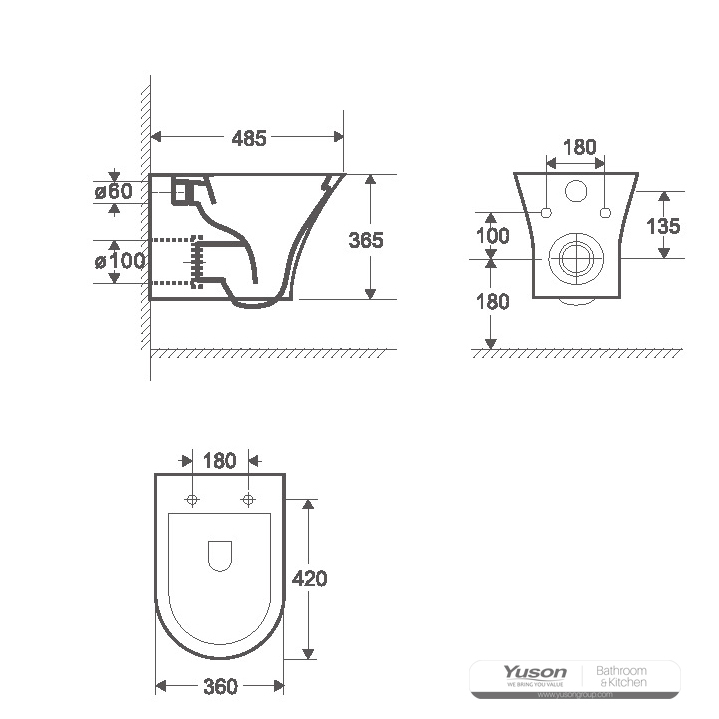 YS22294H	Wall-hung ceramic toilet, Rimless Wall-mounted toilet, washdown;