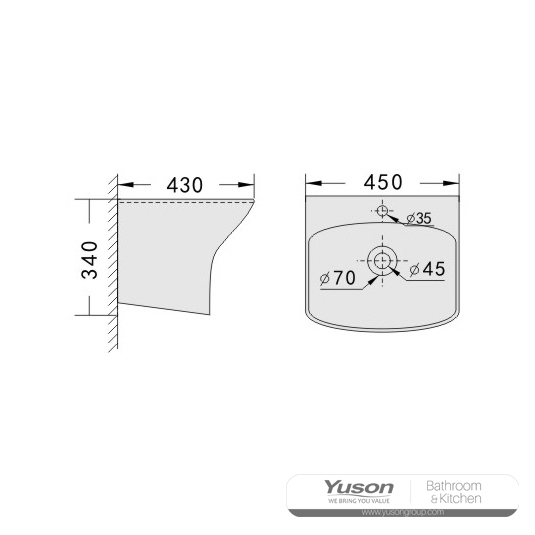 YS26632	Ceramic wall mounted basin, one piece totem basin;