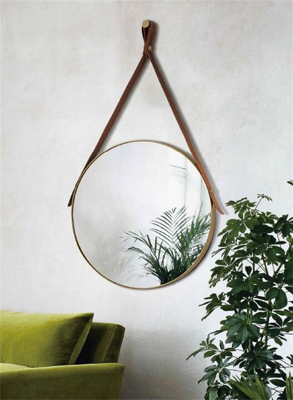 YS57142	Wall-hung LED Bathroom mirror, brass frame mirror with leather belt