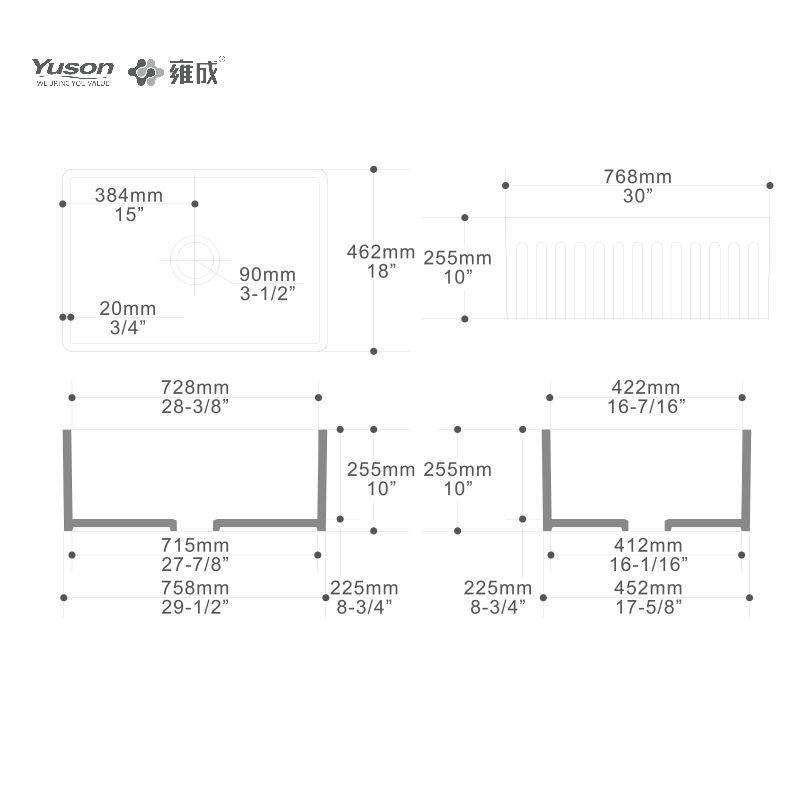 YS27110-3018	30x18 Inch Best-Selling Single Bowl VC Vitreous China Apron front kitchen sink Farmhouse style kitchen sink